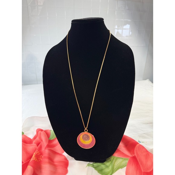 Jewelry - Vintage Enamel Concentric Circle Pendant Gold Tone Snake Chain Necklace 30 Inch